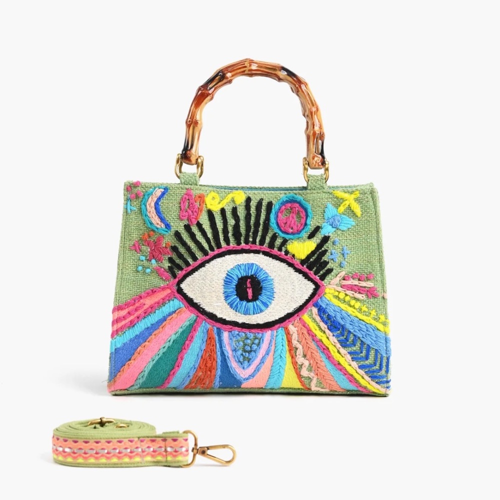 Green and Pink Eye Motif Shoulder Bag with Bamboo Handles